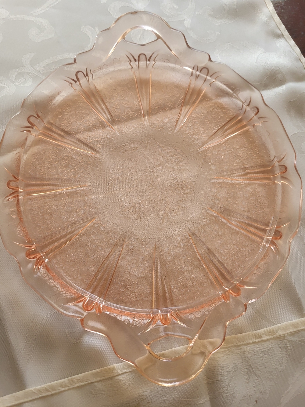 Jeannette Glass CHERRY BLOSSOM depression glass tray handles platter vintage pin